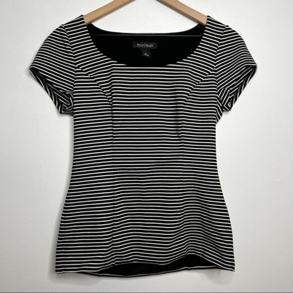WHBM Black and White Stripe Scoop Neck Short Sleeve Thick Stretchy Blouse Sz 2